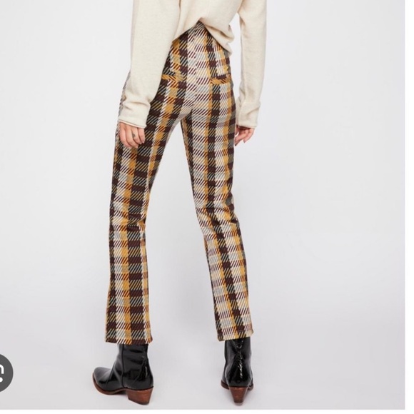 Free people yellow and burgundy patterned kick flare pants with side zipper - Picture 2 of 6